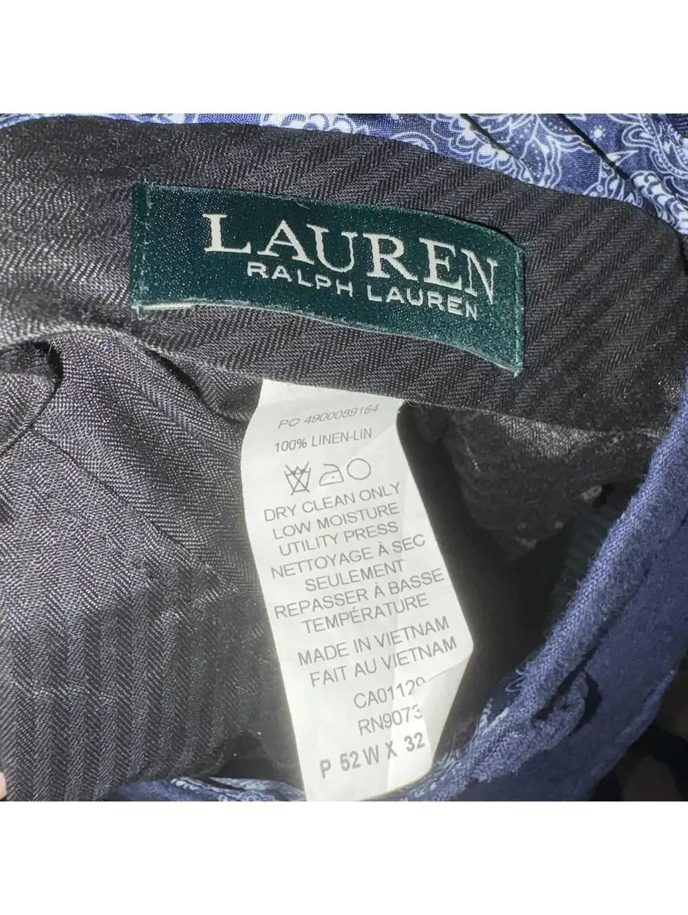 Lauren Ralph Lauren Navy Blue 100% Linen Trousers - Men's 52W x 32L